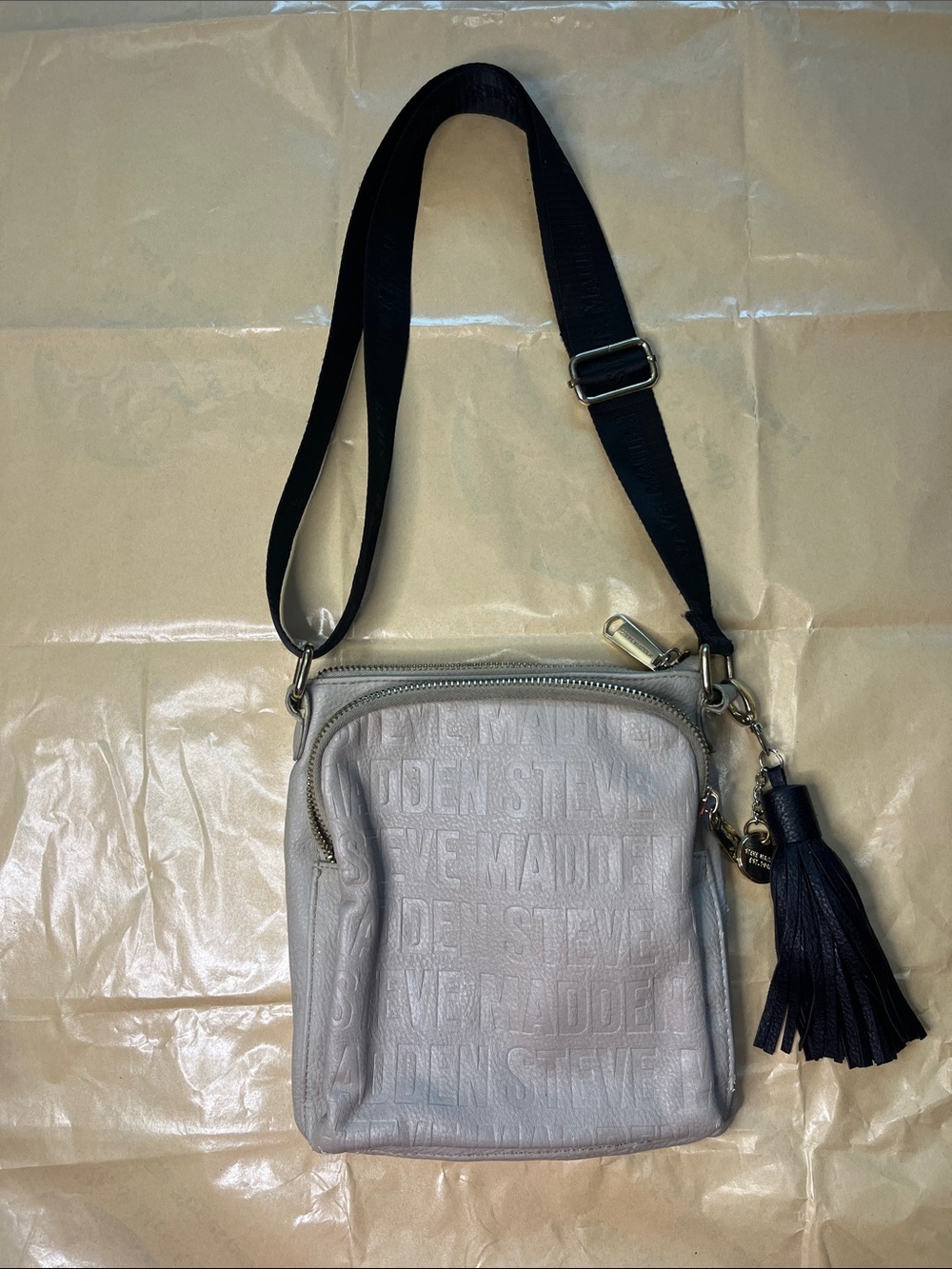 Steve Madden Cream Crossbody with Black Strap and Tassel